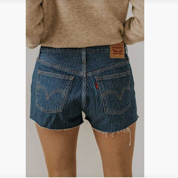 Levi's 501 Shorts Womens 28 Blue Denim Pinstripe High Rise Button Fly Frayed Hem - Picture 2 of 11